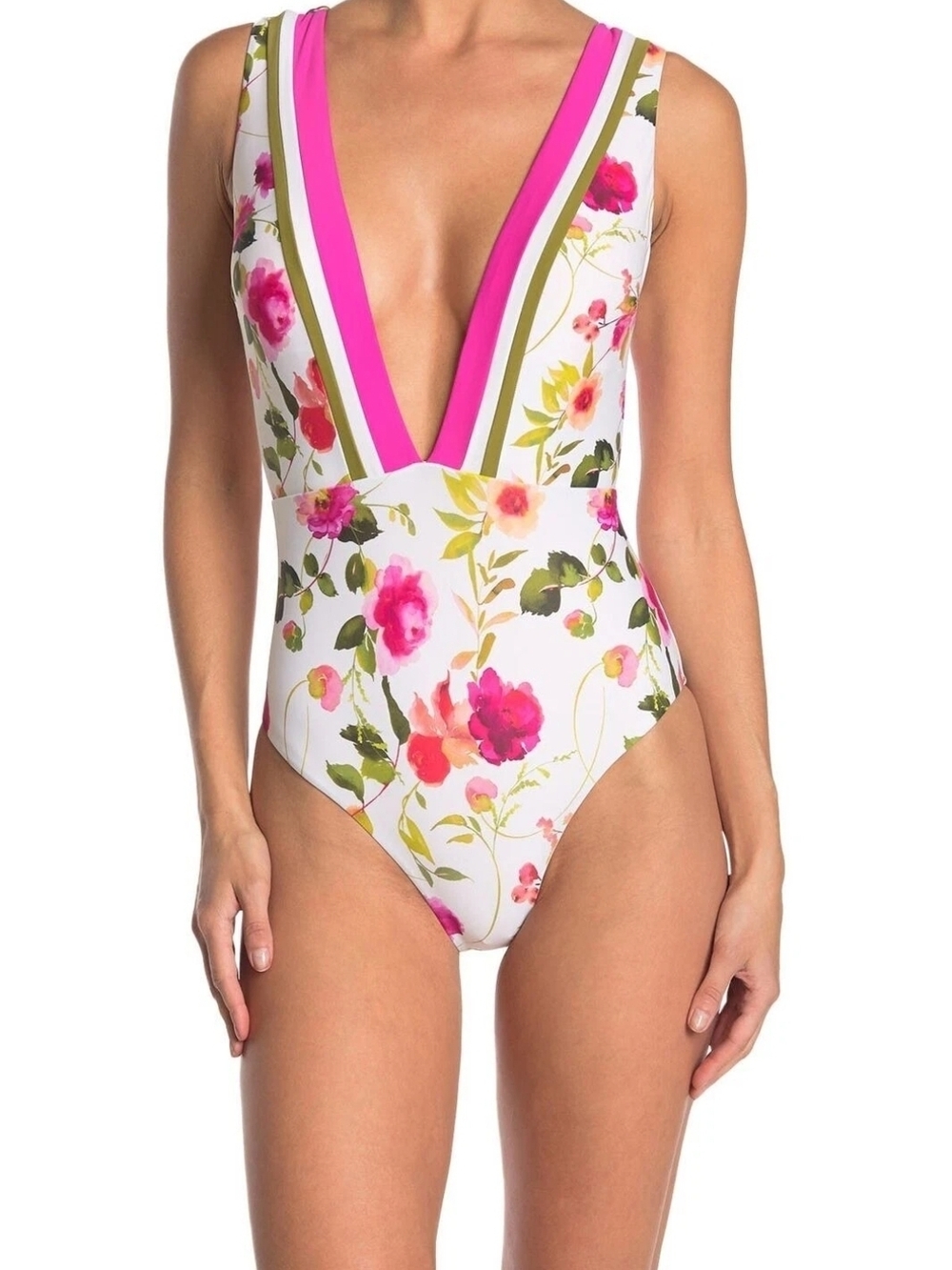 Nanette Lepore Pink Floral Priya Plunge Neck Line One Piece Swimsuit Size 8 $162